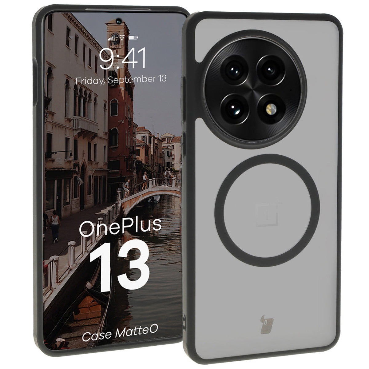 Handyhülle mit Magnetring für OnePlus 13, Bizon Case MatteO, Semitransparent mit schwarzem Rand