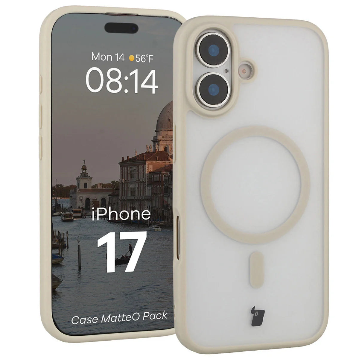 Schutzhülle mit Magnetring + gehärtetem Glas für iPhone 17, Bizon MatteO Pack, Getönt-Beige