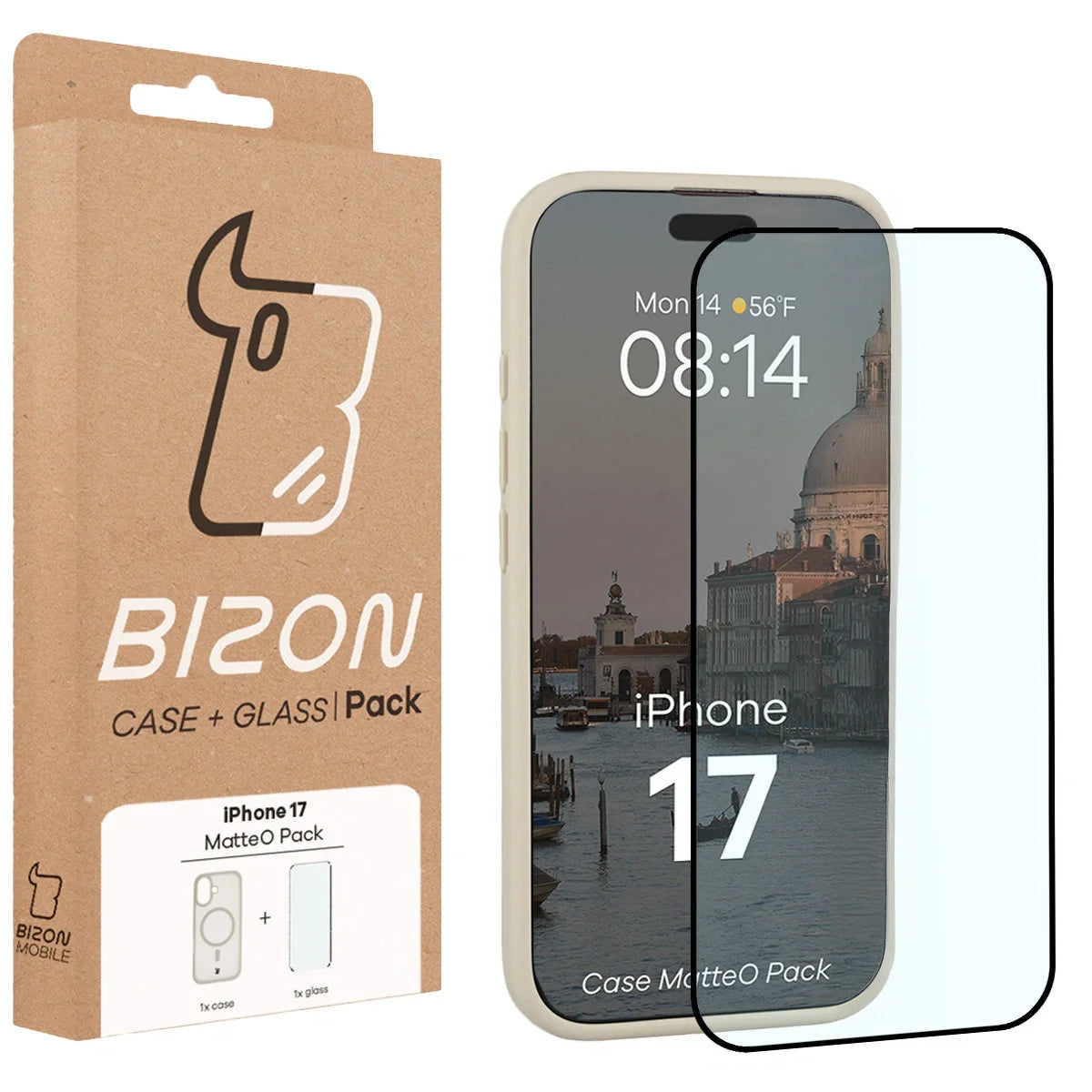Schutzhülle mit Magnetring + gehärtetem Glas für iPhone 17, Bizon MatteO Pack, Getönt-Beige