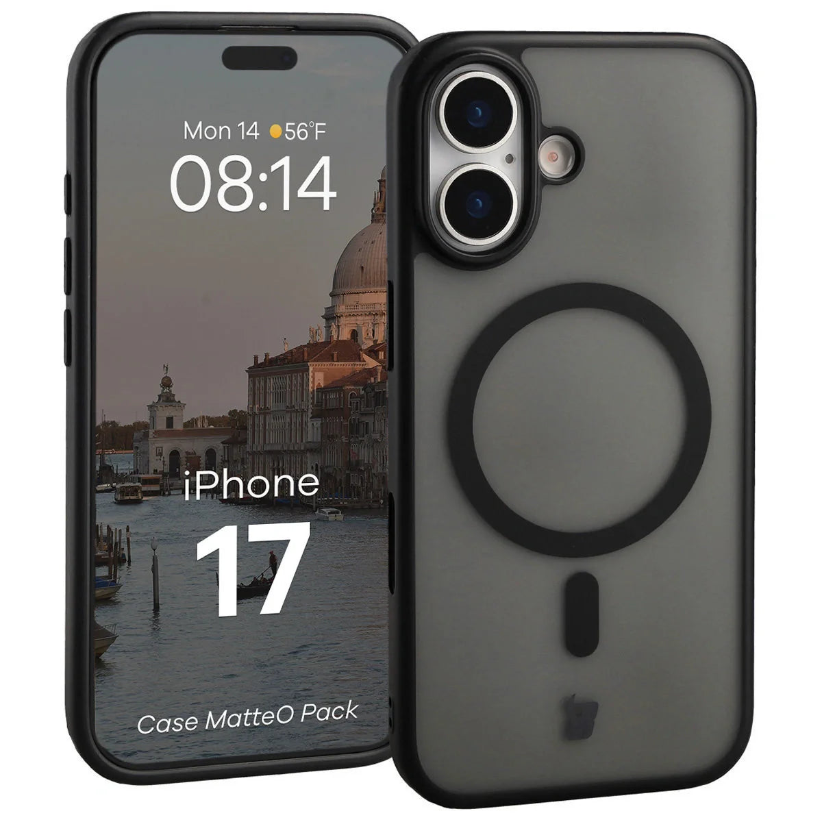 Schutzhülle mit Magnetring + gehärtetem Glas für iPhone 17, Bizon MatteO Pack, Getönt-Schwarz