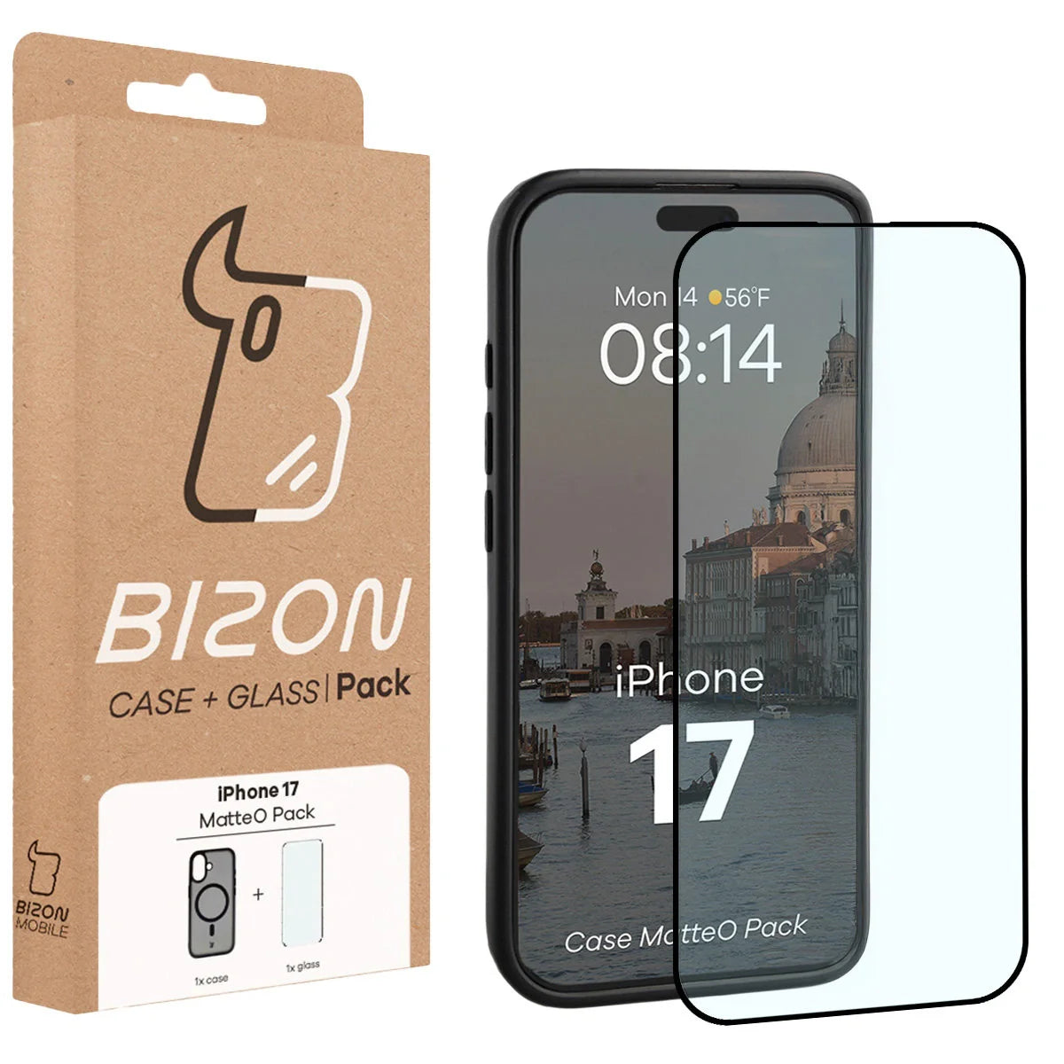 Schutzhülle mit Magnetring + gehärtetem Glas für iPhone 17, Bizon MatteO Pack, Getönt-Schwarz