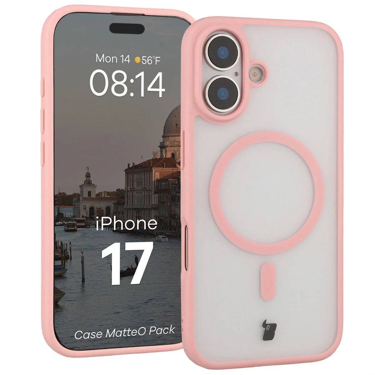Schutzhülle mit Magnetring + gehärtetem Glas für iPhone 17, Bizon MatteO Pack, Getönt-Hellrosa