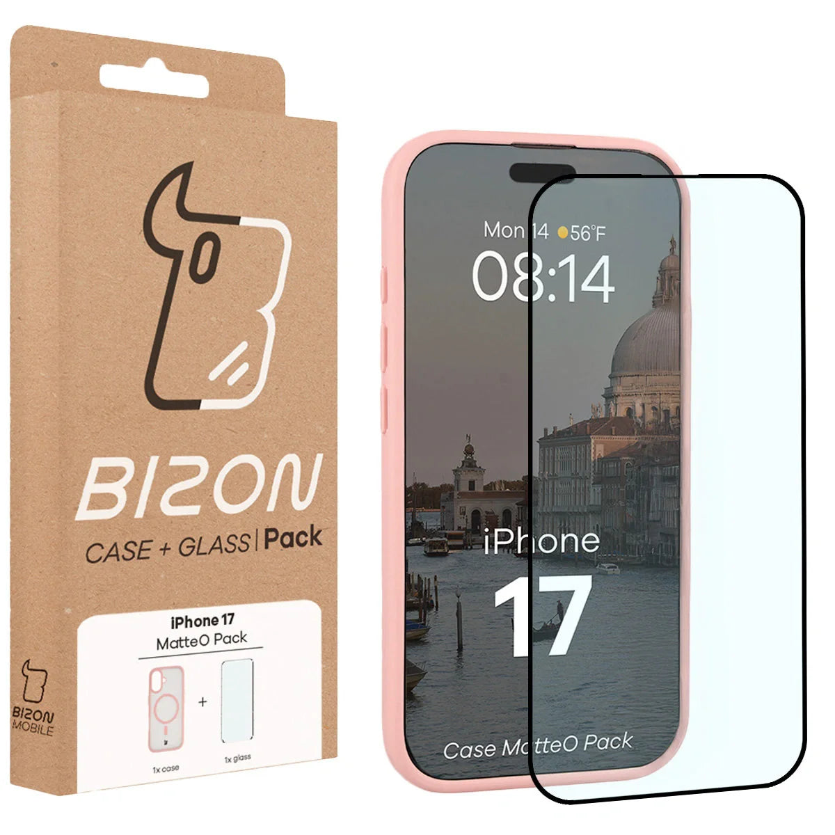 Schutzhülle mit Magnetring + gehärtetem Glas für iPhone 17, Bizon MatteO Pack, Getönt-Hellrosa