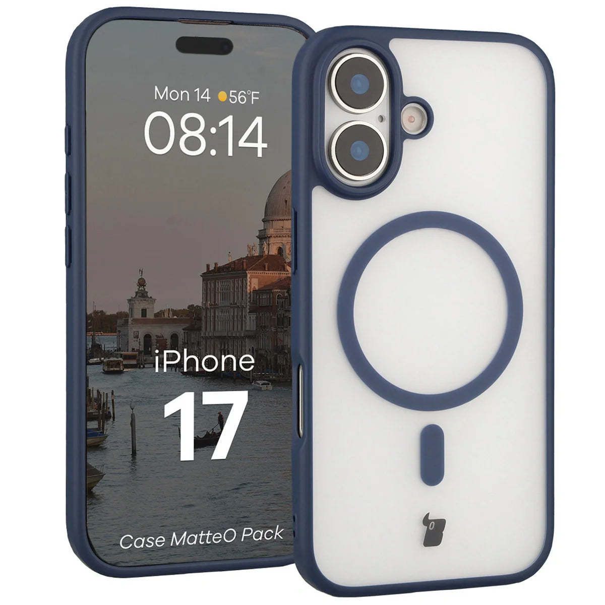 Schutzhülle mit Magnetring + gehärtetem Glas für iPhone 17, Bizon MatteO Pack, Getönt-Dunkelblau