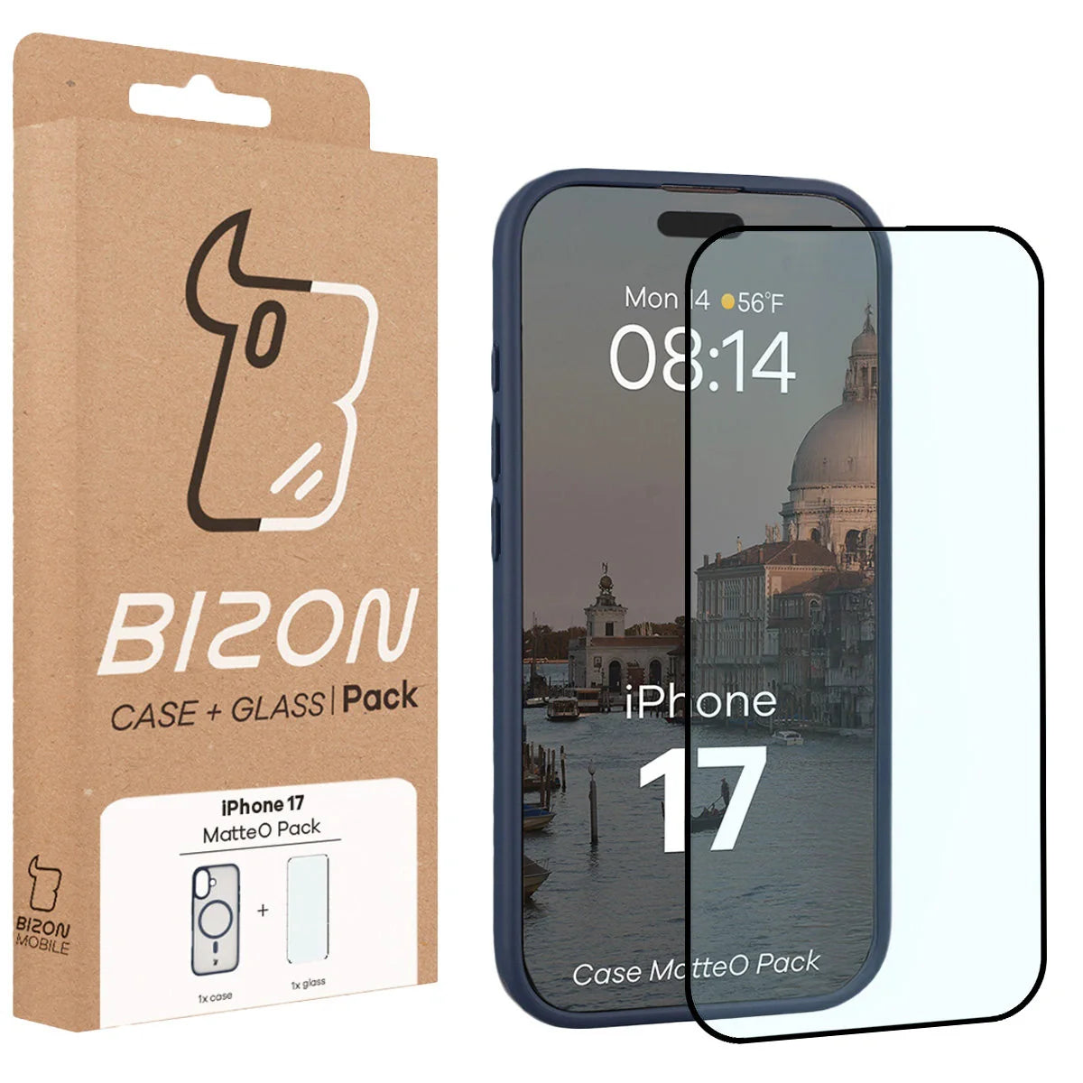 Schutzhülle mit Magnetring + gehärtetem Glas für iPhone 17, Bizon MatteO Pack, Getönt-Dunkelblau