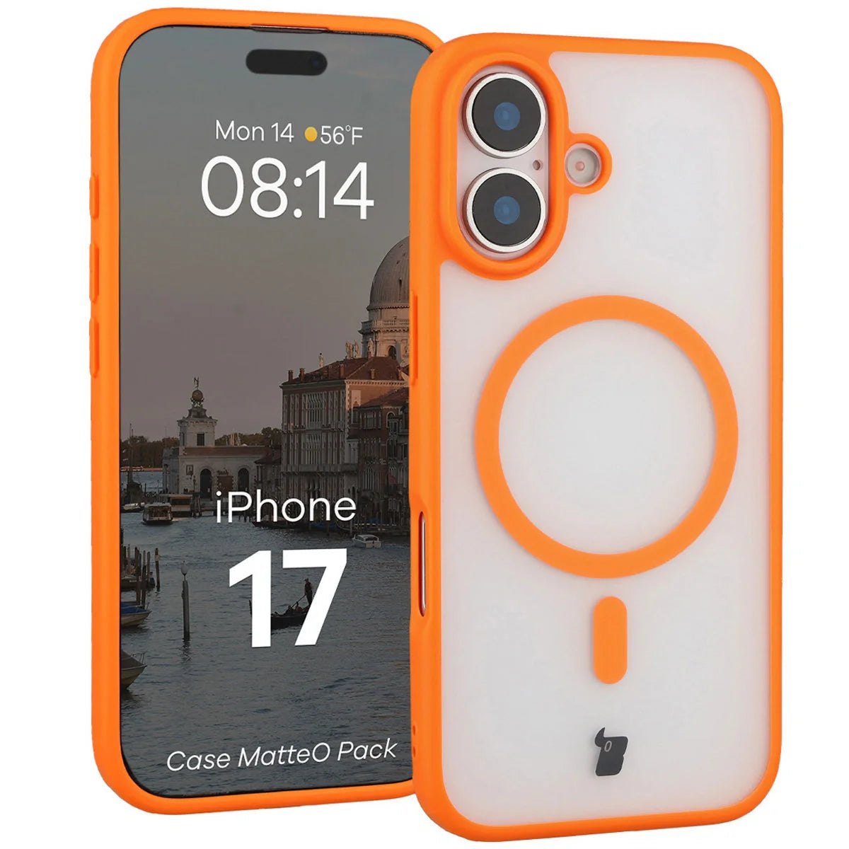 Schutzhülle mit Magnetring + gehärtetem Glas für iPhone 17, Bizon MatteO Pack, Getönt-Orange