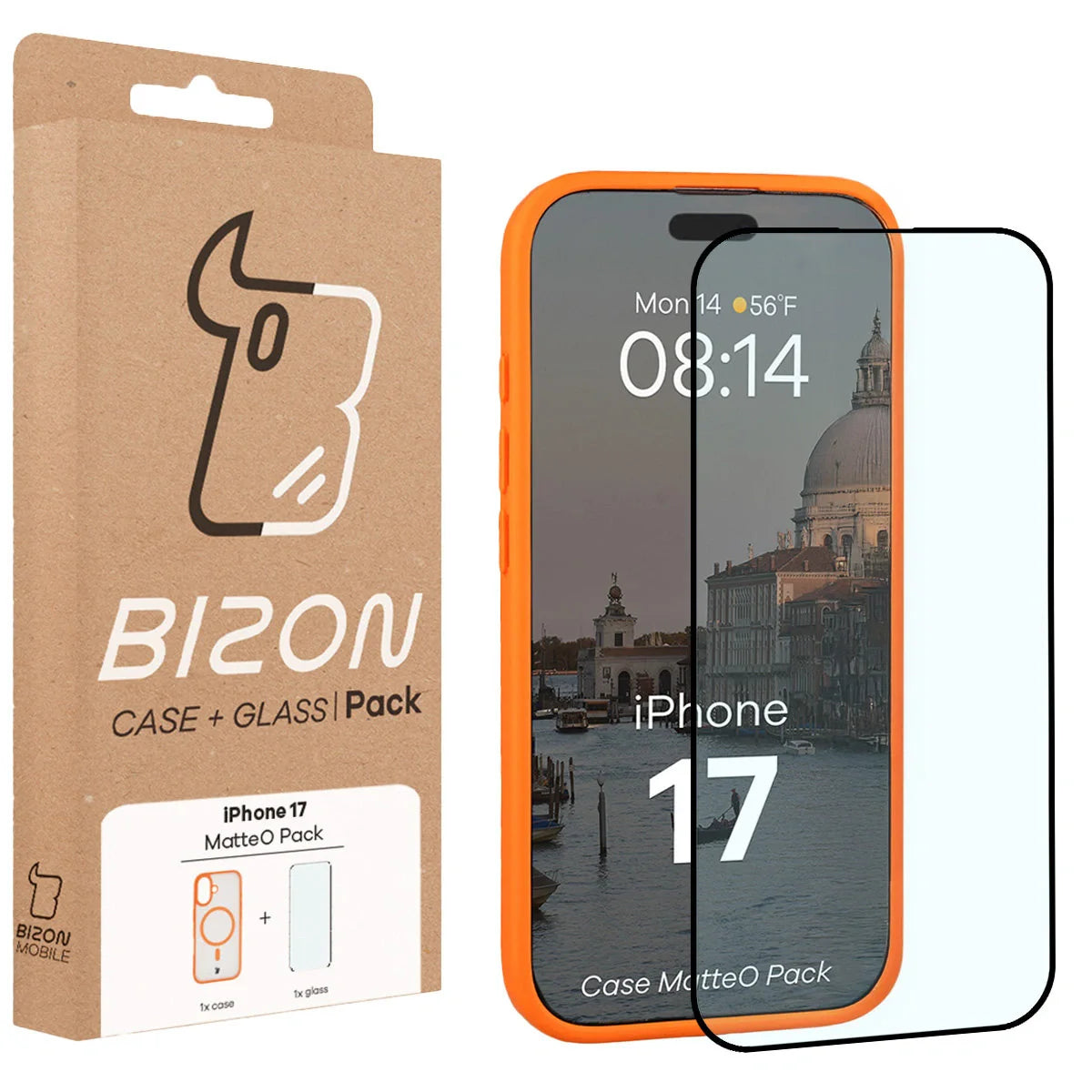 Schutzhülle mit Magnetring + gehärtetem Glas für iPhone 17, Bizon MatteO Pack, Getönt-Orange