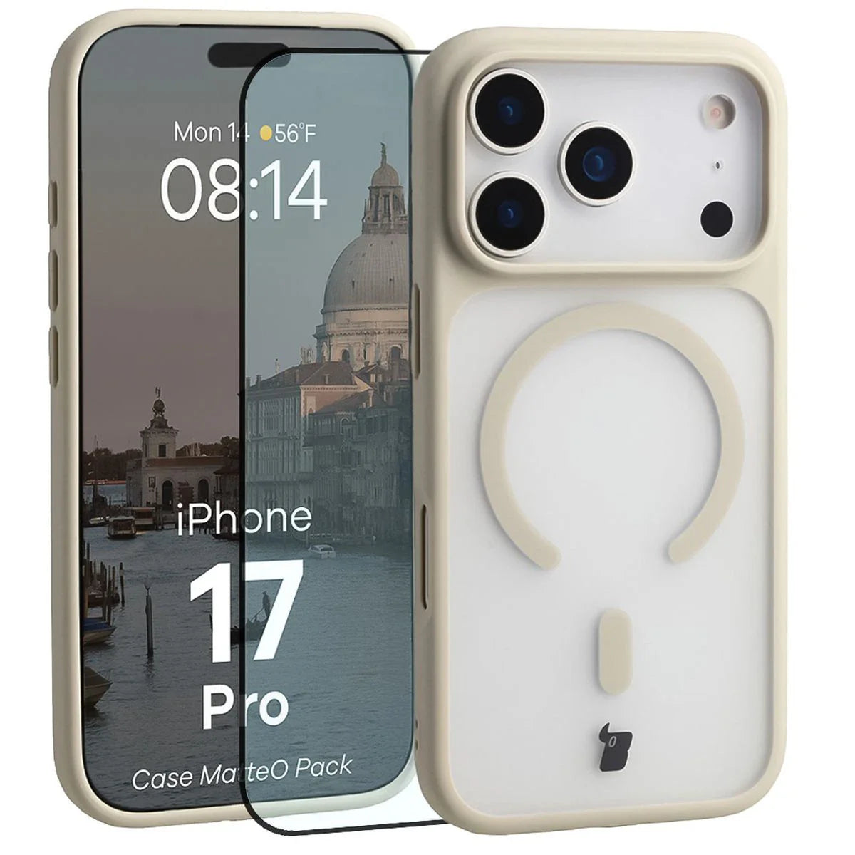 Schutzhülle mit Magnetring + gehärtetem Glas für iPhone 17 Pro, Bizon MatteO Pack, Getönt-Beige
