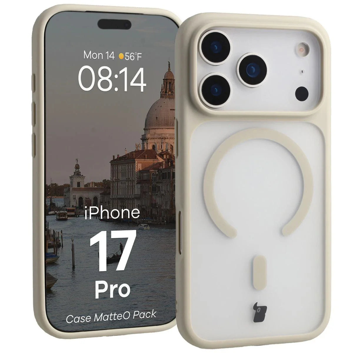 Schutzhülle mit Magnetring + gehärtetem Glas für iPhone 17 Pro, Bizon MatteO Pack, Getönt-Beige