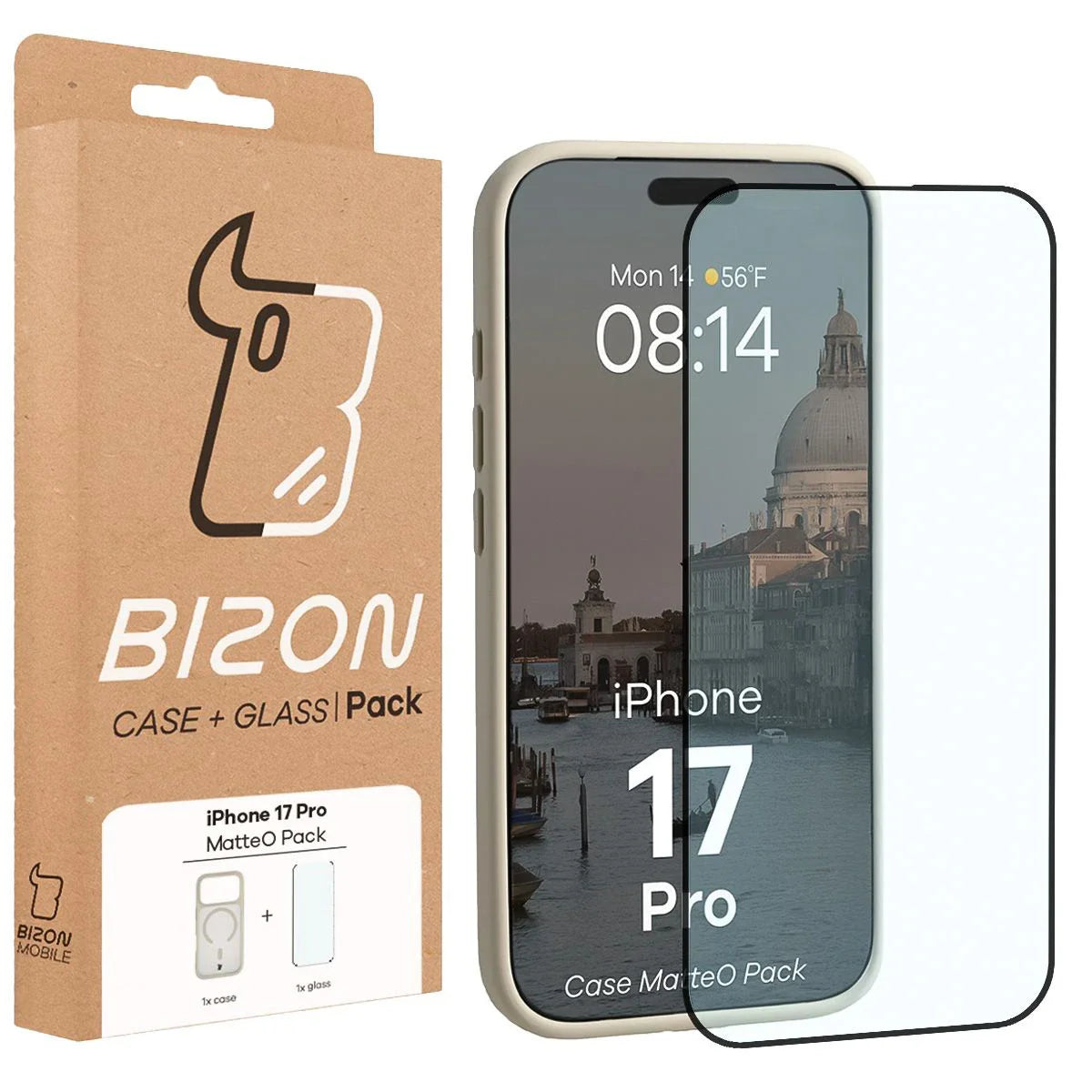 Schutzhülle mit Magnetring + gehärtetem Glas für iPhone 17 Pro, Bizon MatteO Pack, Getönt-Beige