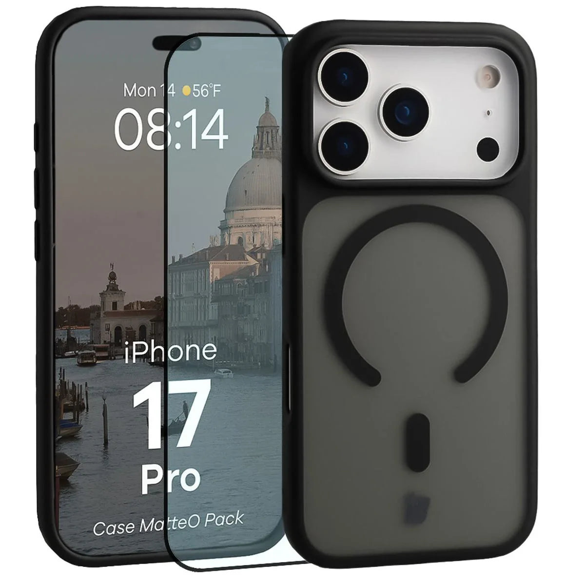 Schutzhülle mit Magnetring + gehärtetem Glas für iPhone 17 Pro, Bizon MatteO Pack, Getönt-Schwarz