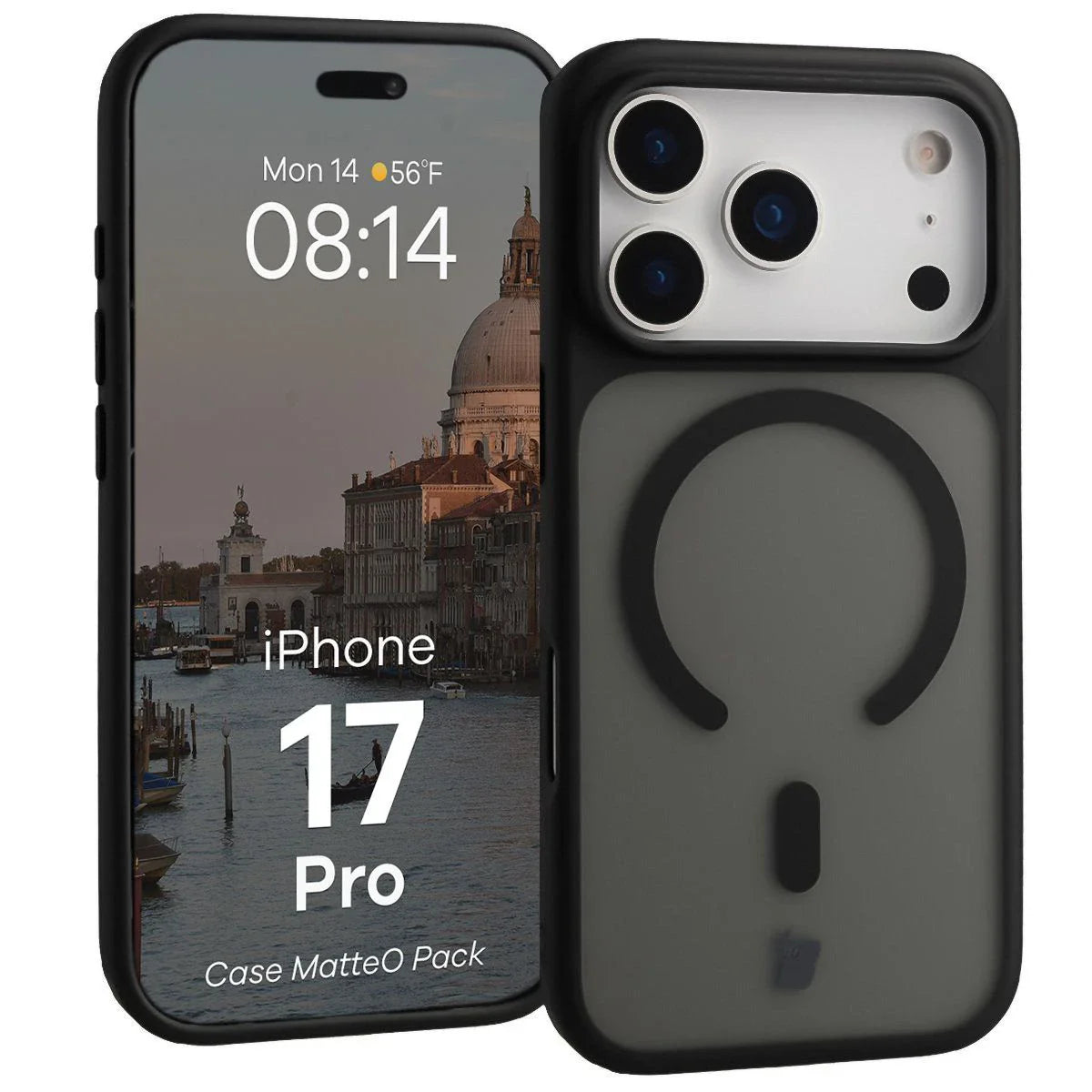 Schutzhülle mit Magnetring + gehärtetem Glas für iPhone 17 Pro, Bizon MatteO Pack, Getönt-Schwarz