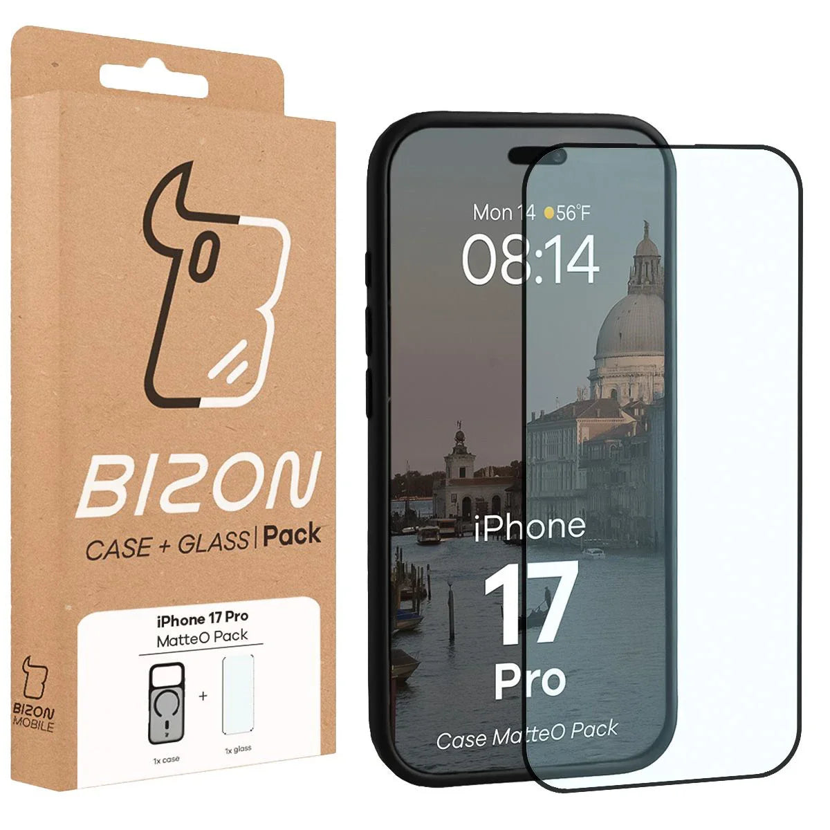 Schutzhülle mit Magnetring + gehärtetem Glas für iPhone 17 Pro, Bizon MatteO Pack, Getönt-Schwarz