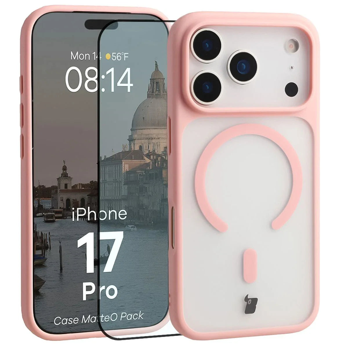 Schutzhülle mit Magnetring + gehärtetem Glas für iPhone 17 Pro, Bizon MatteO Pack, Getönt-Hellrosa