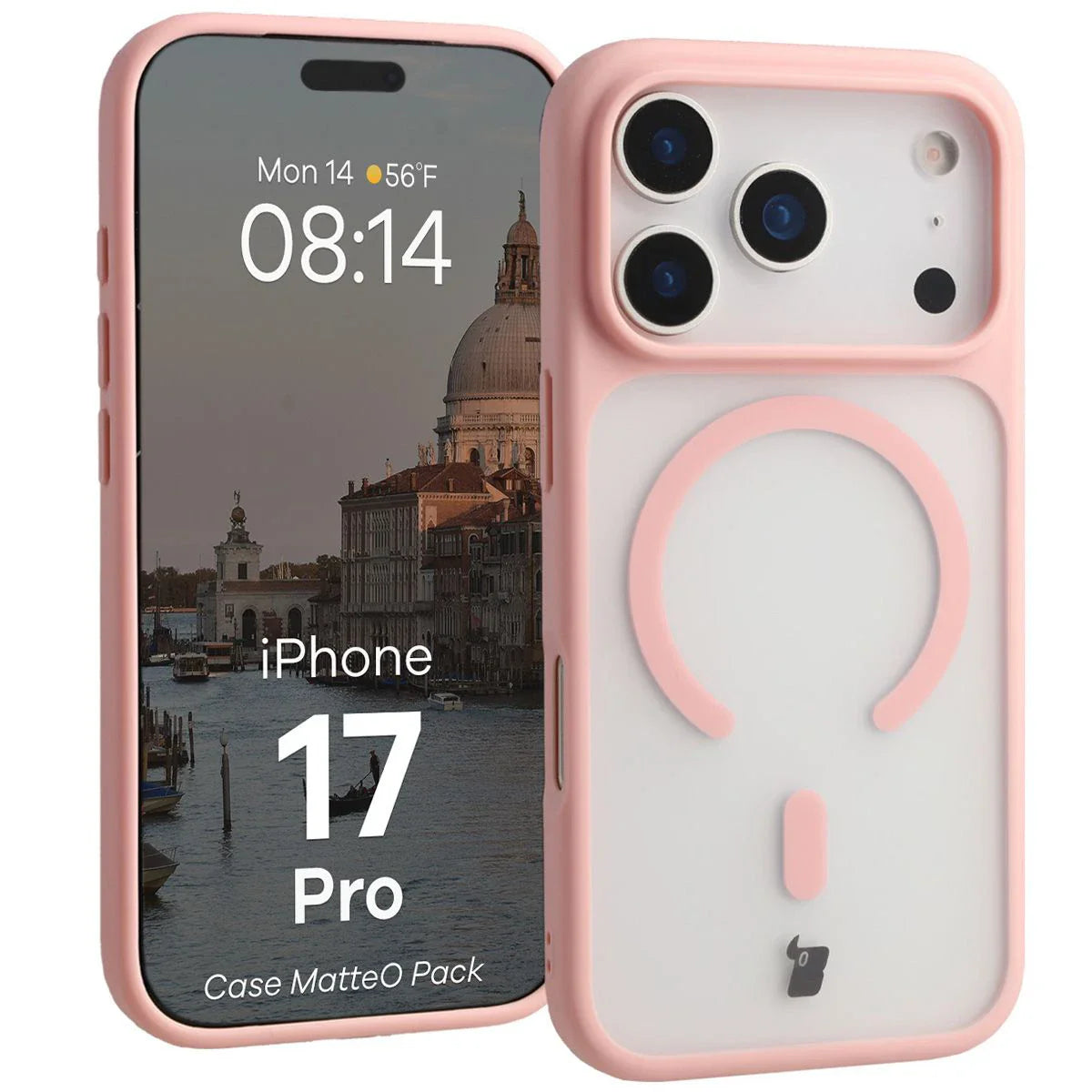 Schutzhülle mit Magnetring + gehärtetem Glas für iPhone 17 Pro, Bizon MatteO Pack, Getönt-Hellrosa