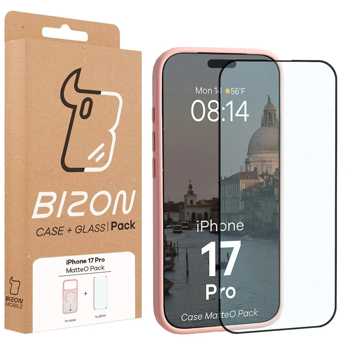 Schutzhülle mit Magnetring + gehärtetem Glas für iPhone 17 Pro, Bizon MatteO Pack, Getönt-Hellrosa