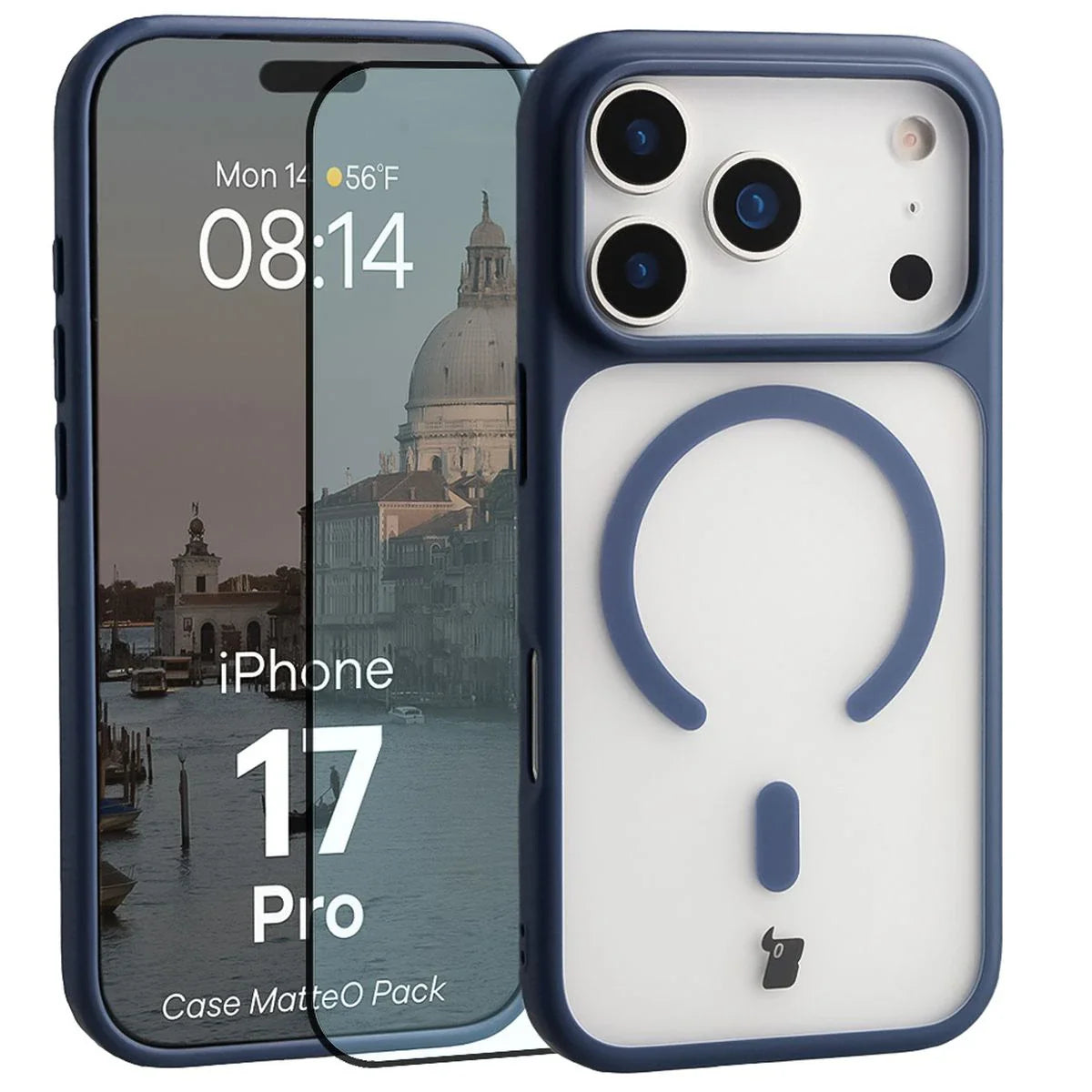 Schutzhülle mit Magnetring + gehärtetem Glas für iPhone 17 Pro, Bizon MatteO Pack, Getönt-Dunkelblau