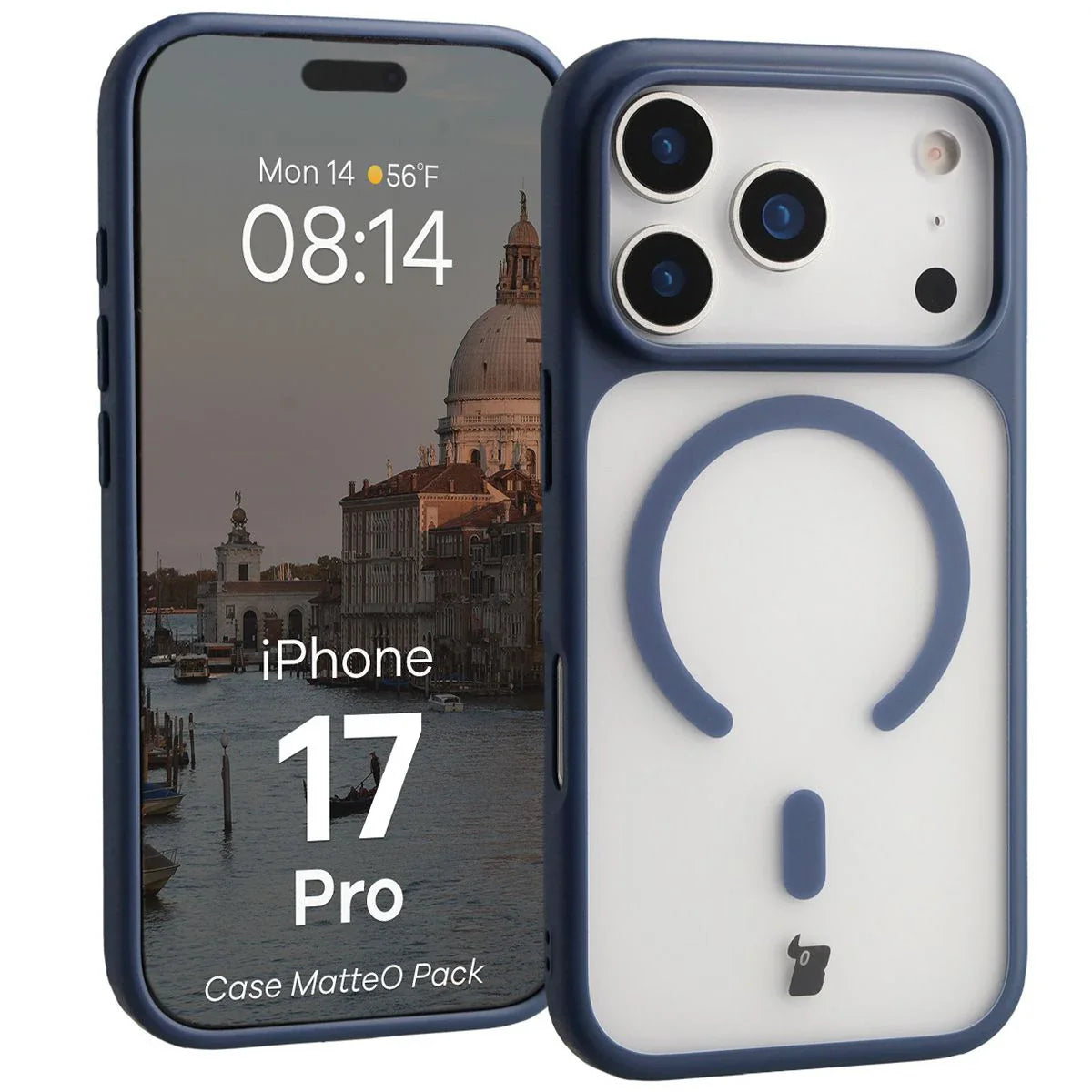 Schutzhülle mit Magnetring + gehärtetem Glas für iPhone 17 Pro, Bizon MatteO Pack, Getönt-Dunkelblau