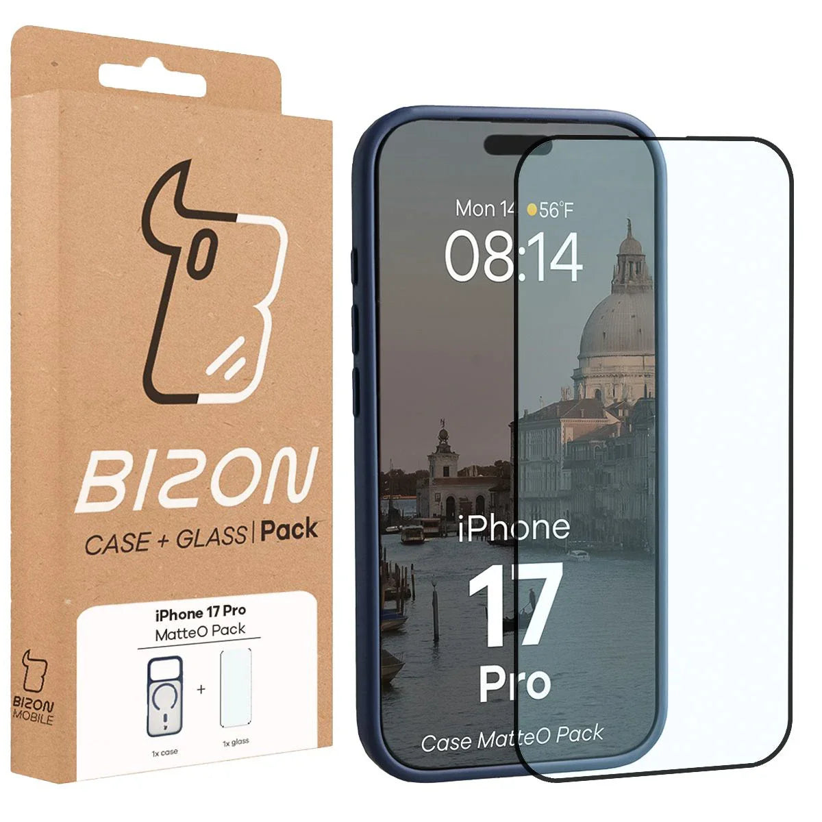 Schutzhülle mit Magnetring + gehärtetem Glas für iPhone 17 Pro, Bizon MatteO Pack, Getönt-Dunkelblau