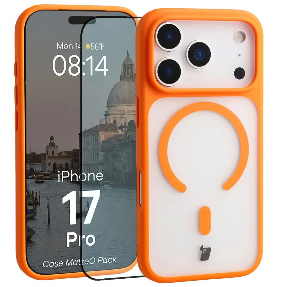 Schutzhülle mit Magnetring + gehärtetem Glas Bizon MatteO Pack für iPhone 17 Pro, Getönt-Orange
