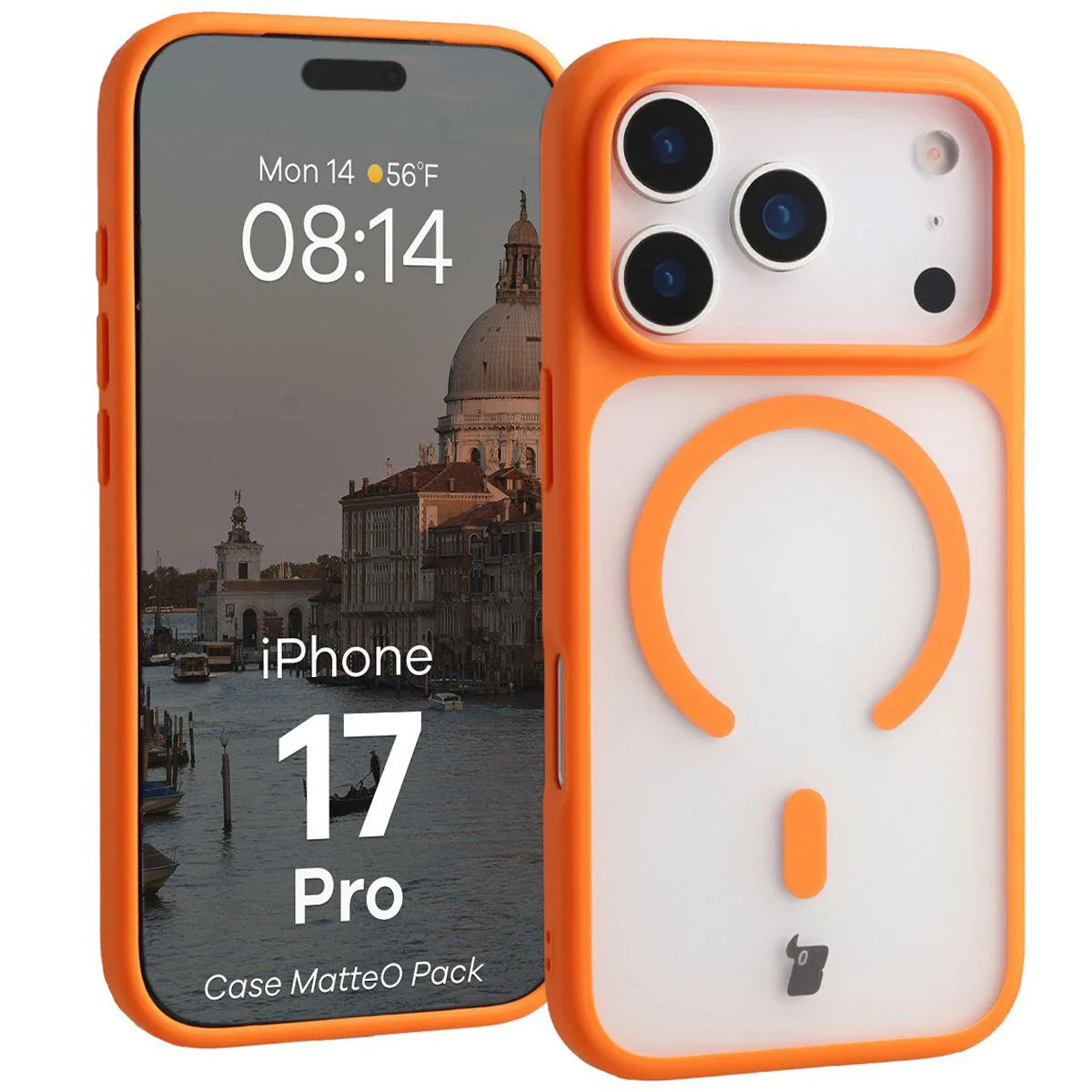 Schutzhülle mit Magnetring + gehärtetem Glas Bizon MatteO Pack für iPhone 17 Pro, Getönt-Orange