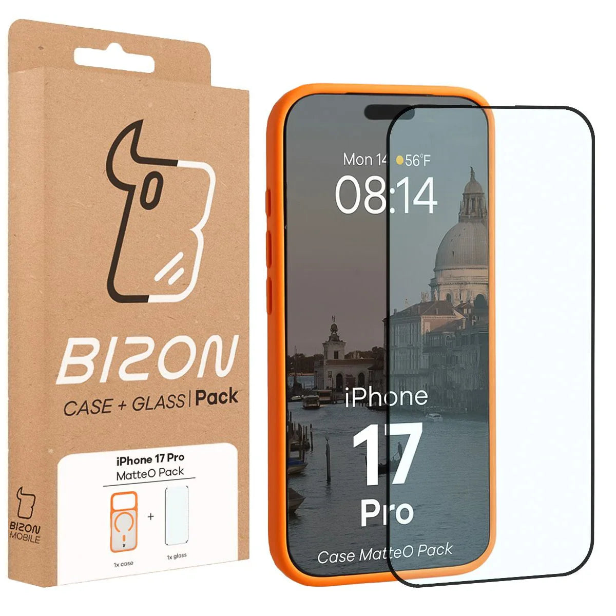 Schutzhülle mit Magnetring + gehärtetem Glas Bizon MatteO Pack für iPhone 17 Pro, Getönt-Orange