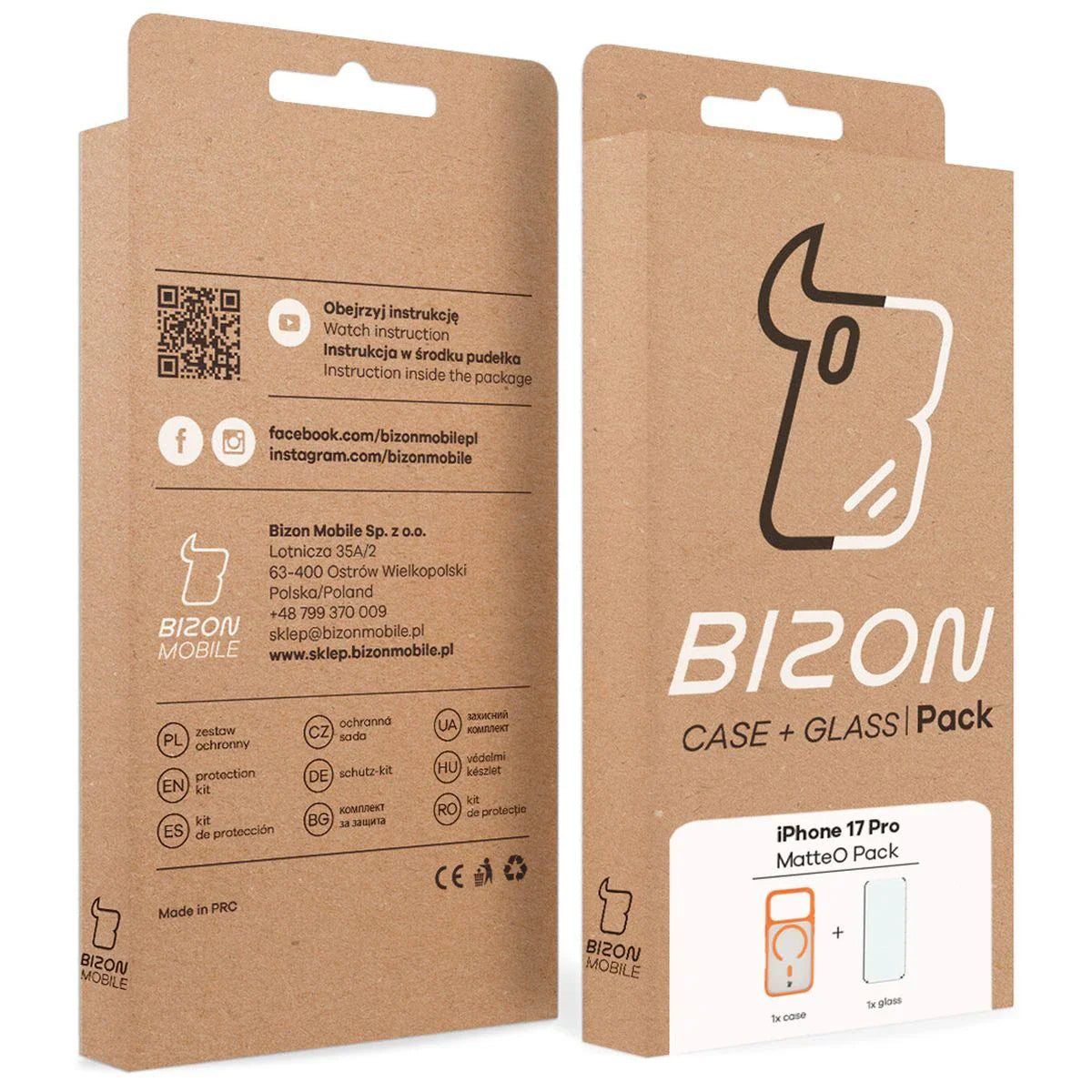 Schutzhülle mit Magnetring + gehärtetem Glas Bizon MatteO Pack für iPhone 17 Pro, Getönt-Orange