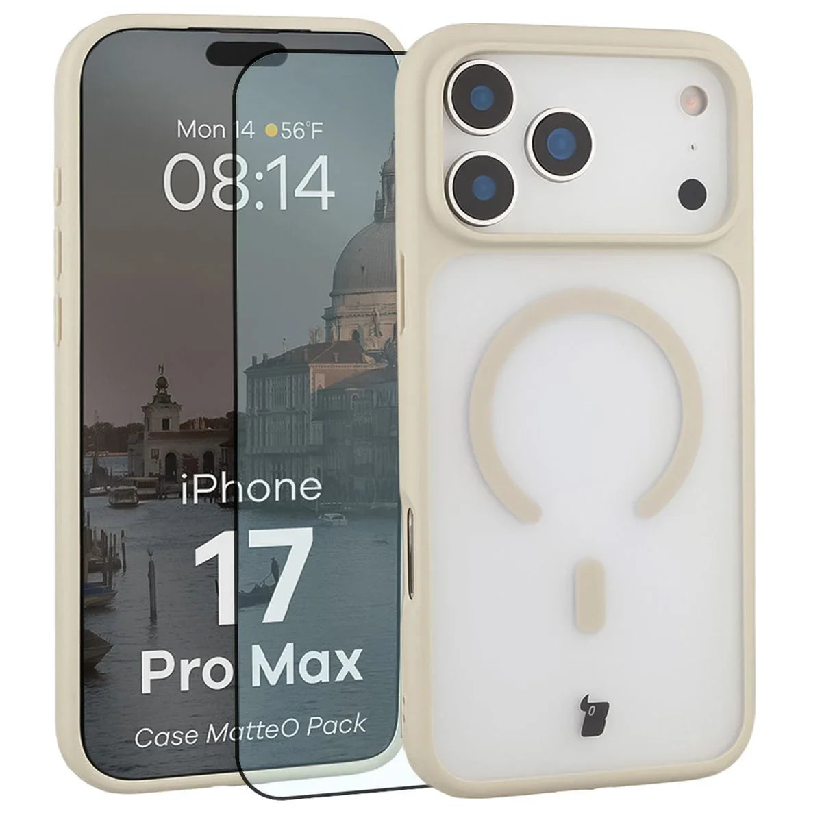 Schutzhülle mit Magnetring + gehärtetem Glas für iPhone 17 Pro Max, Bizon MatteO Pack, Getönt-Beige