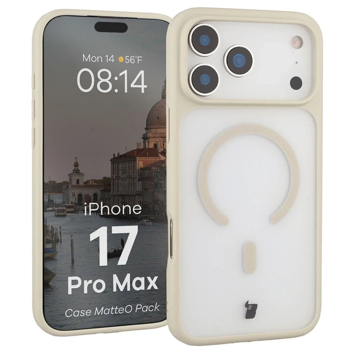 Schutzhülle mit Magnetring + gehärtetem Glas für iPhone 17 Pro Max, Bizon MatteO Pack, Getönt-Beige