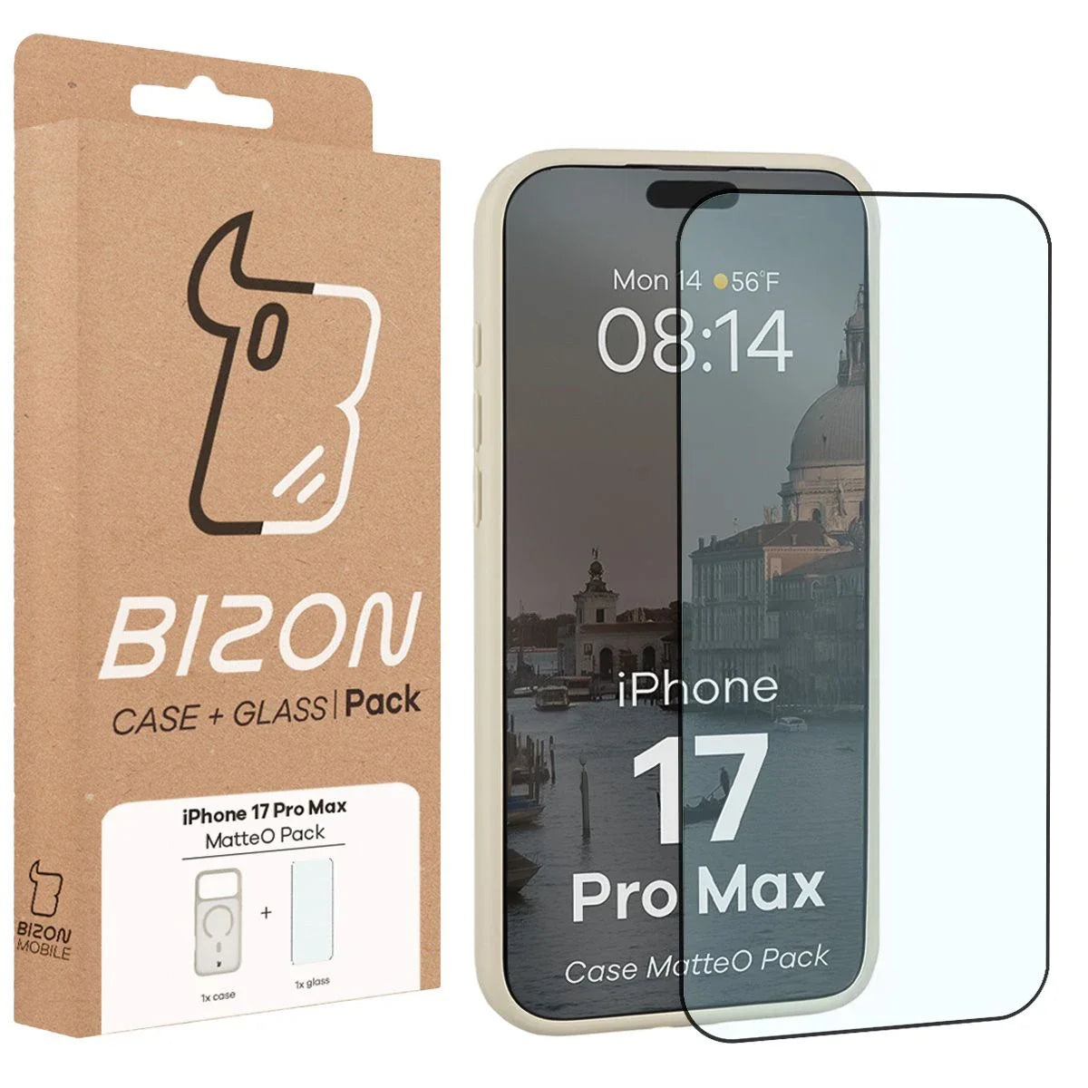 Schutzhülle mit Magnetring + gehärtetem Glas für iPhone 17 Pro Max, Bizon MatteO Pack, Getönt-Beige