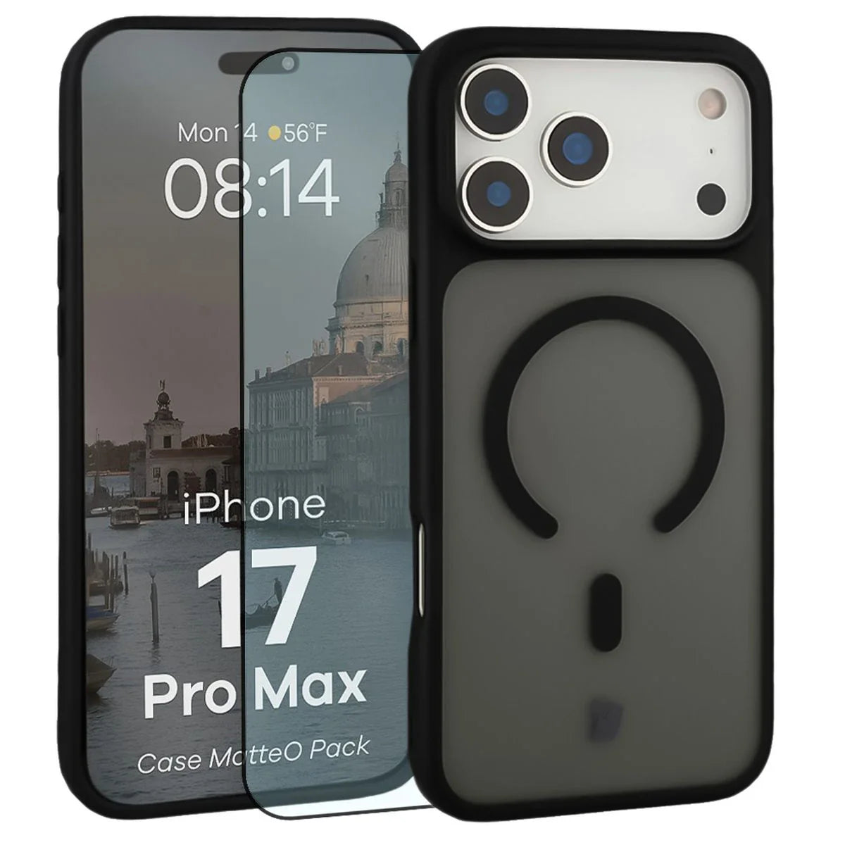 Schutzhülle mit Magnetring + gehärtetem Glas für iPhone 17 Pro Max, Bizon MatteO Pack, Getönt-Schwarz