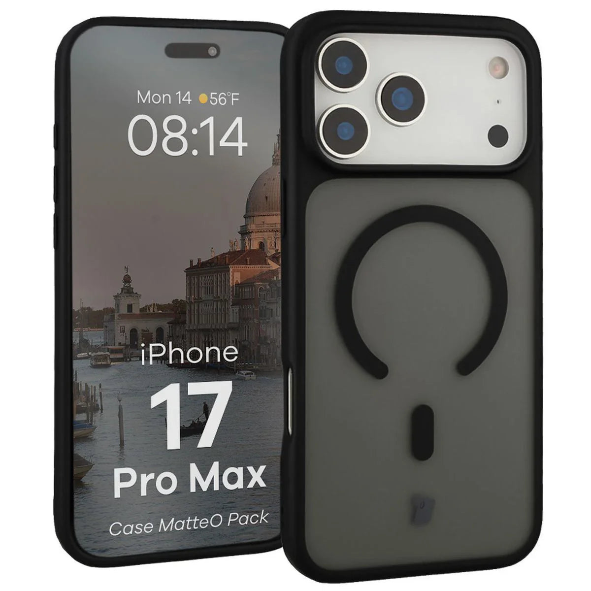 Schutzhülle mit Magnetring + gehärtetem Glas für iPhone 17 Pro Max, Bizon MatteO Pack, Getönt-Schwarz