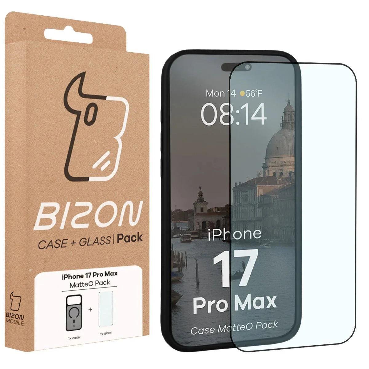 Schutzhülle mit Magnetring + gehärtetem Glas für iPhone 17 Pro Max, Bizon MatteO Pack, Getönt-Schwarz