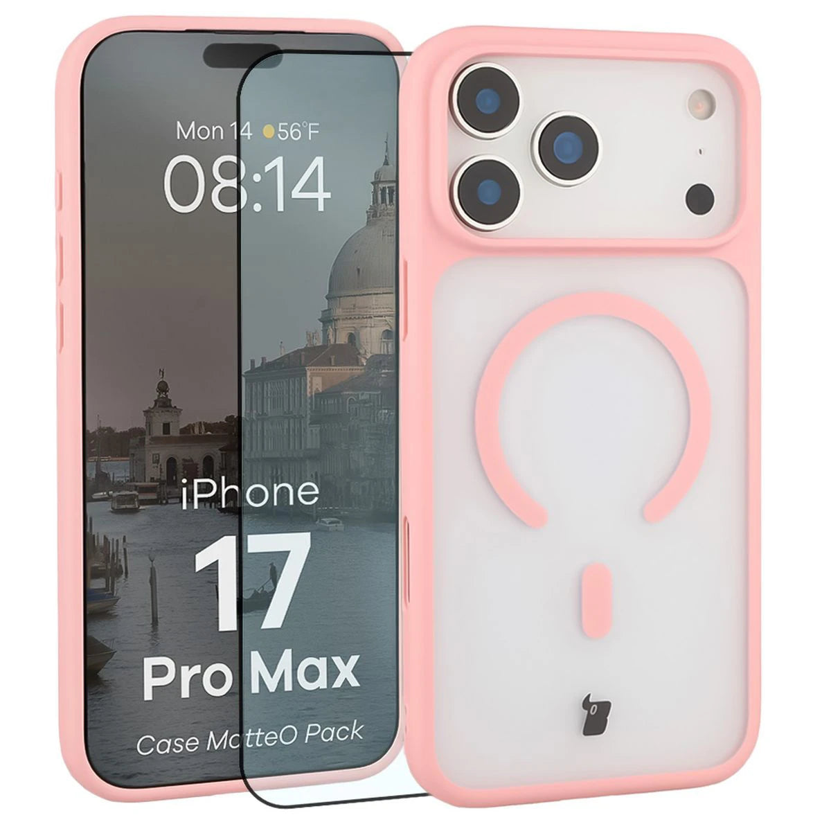 Schutzhülle mit Magnetring + gehärtetem Glas für iPhone 17 Pro Max, Bizon MatteO Pack, Getönt-Hellrosa