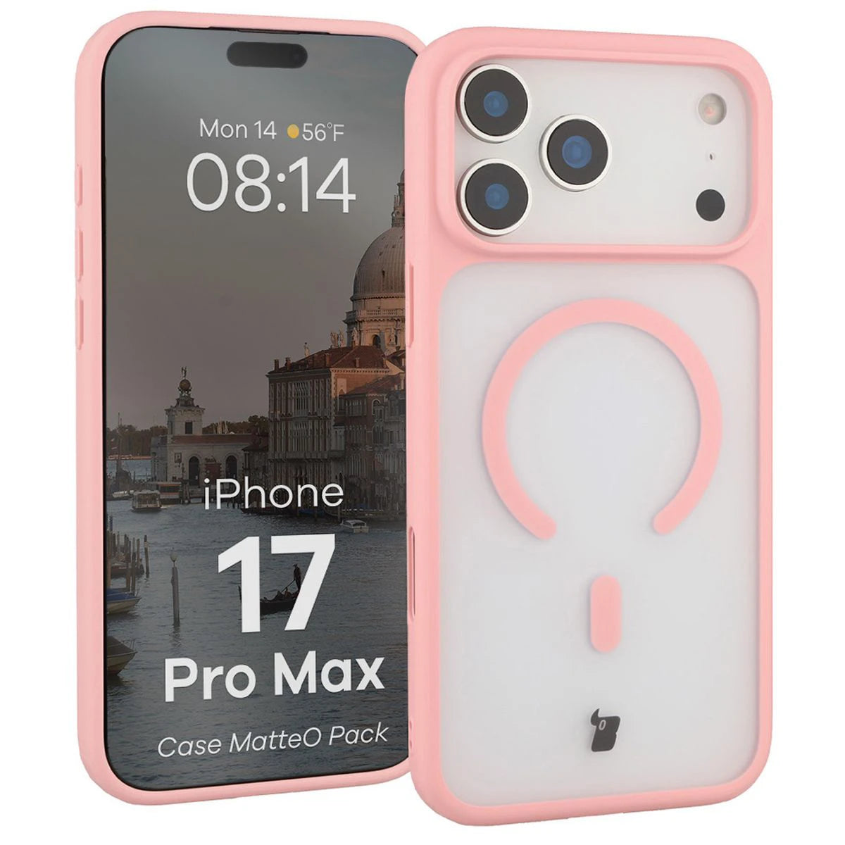 Schutzhülle mit Magnetring + gehärtetem Glas für iPhone 17 Pro Max, Bizon MatteO Pack, Getönt-Hellrosa