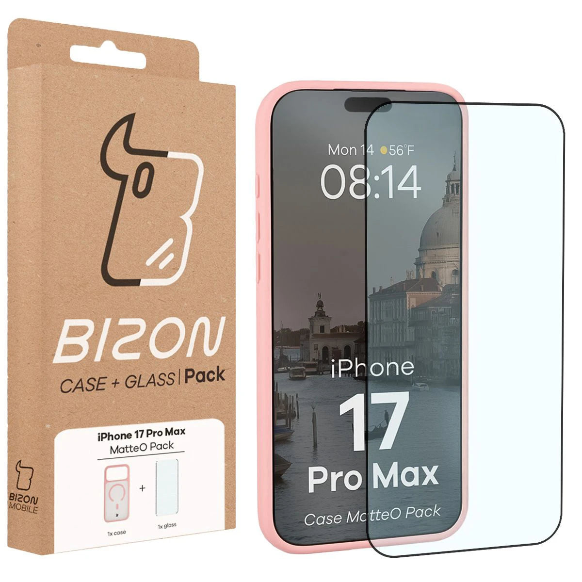 Schutzhülle mit Magnetring + gehärtetem Glas für iPhone 17 Pro Max, Bizon MatteO Pack, Getönt-Hellrosa