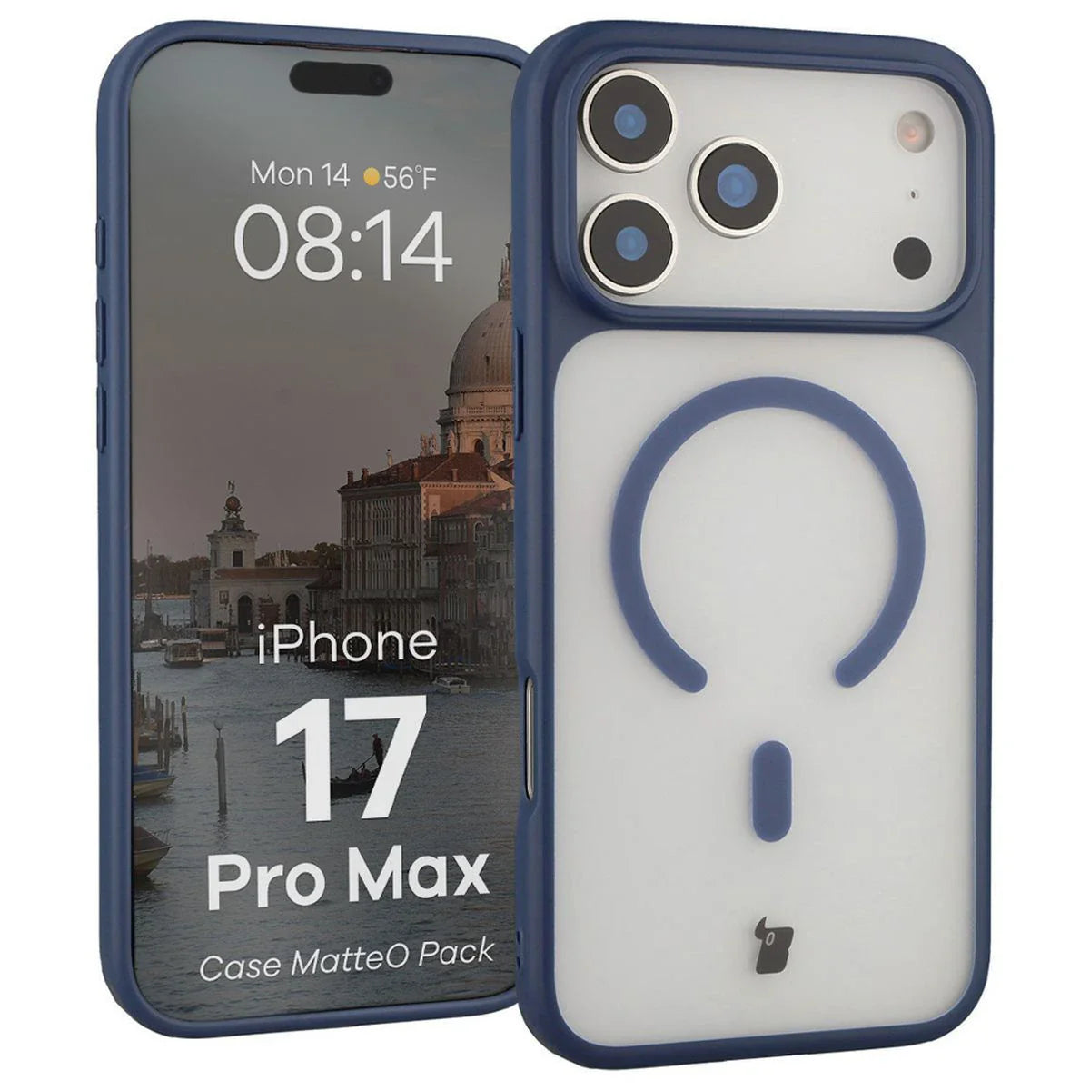 Schutzhülle mit Magnetring + gehärtetem Glas für iPhone 17 Pro Max, Bizon MatteO Pack, Getönt-Dunkelblau