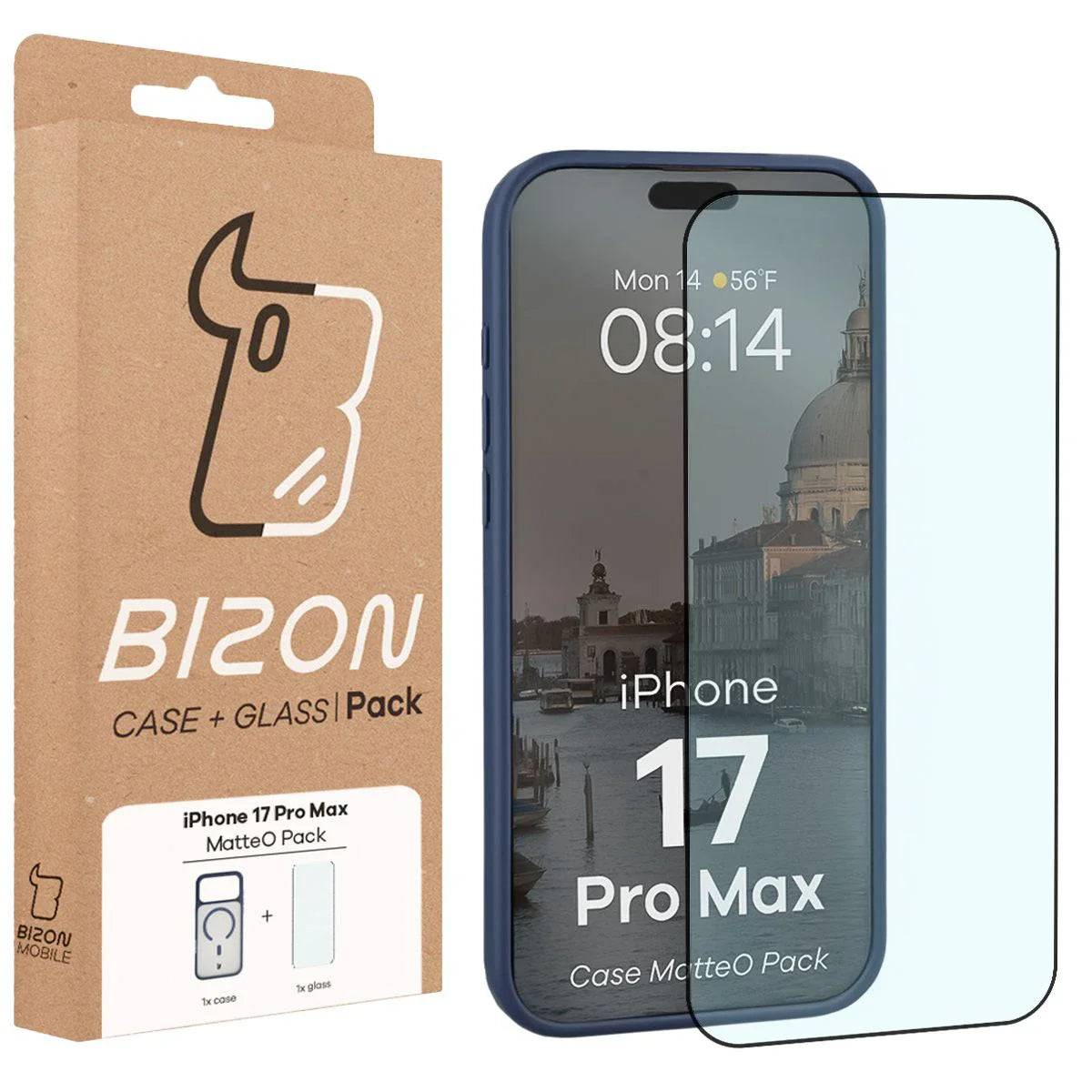 Schutzhülle mit Magnetring + gehärtetem Glas für iPhone 17 Pro Max, Bizon MatteO Pack, Getönt-Dunkelblau