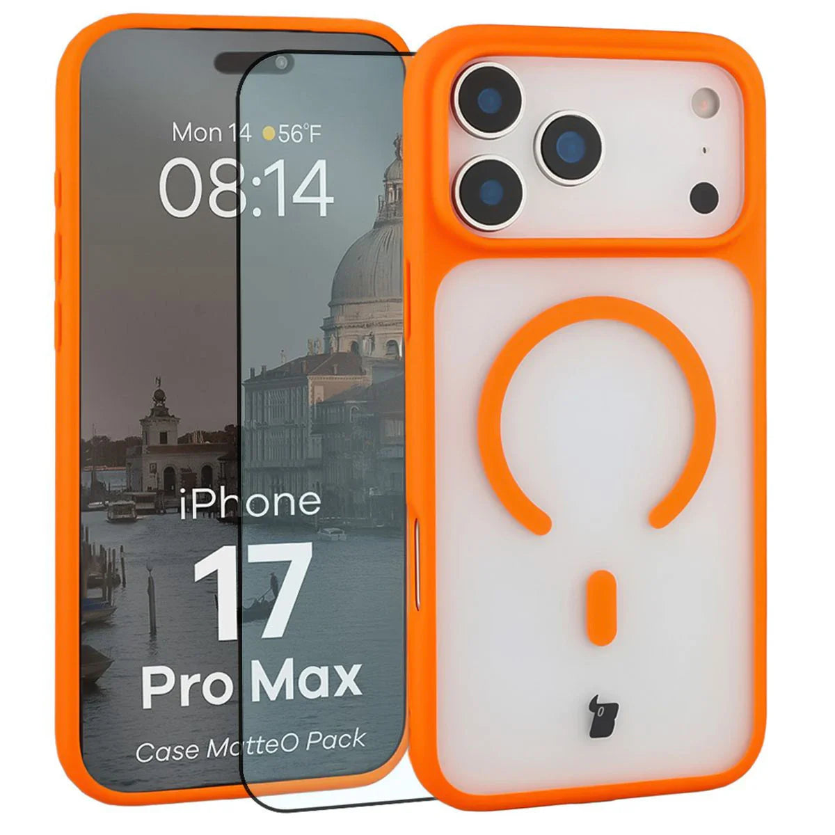 Schutzhülle mit Magnetring + gehärtetem Glas für iPhone 17 Pro Max, Bizon MatteO Pack, Getönt-Orange