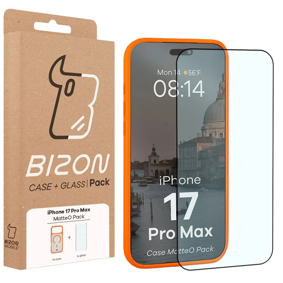 Schutzhülle mit Magnetring + gehärtetem Glas für iPhone 17 Pro Max, Bizon MatteO Pack, Getönt-Orange