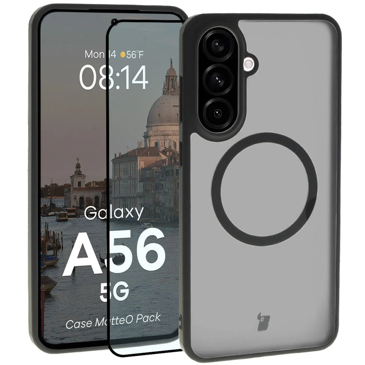 Schutzhülle mit Magnetring + gehärtetem Glas Bizon MatteO Pack für Galaxy A56 5G, Getönt-Schwarz