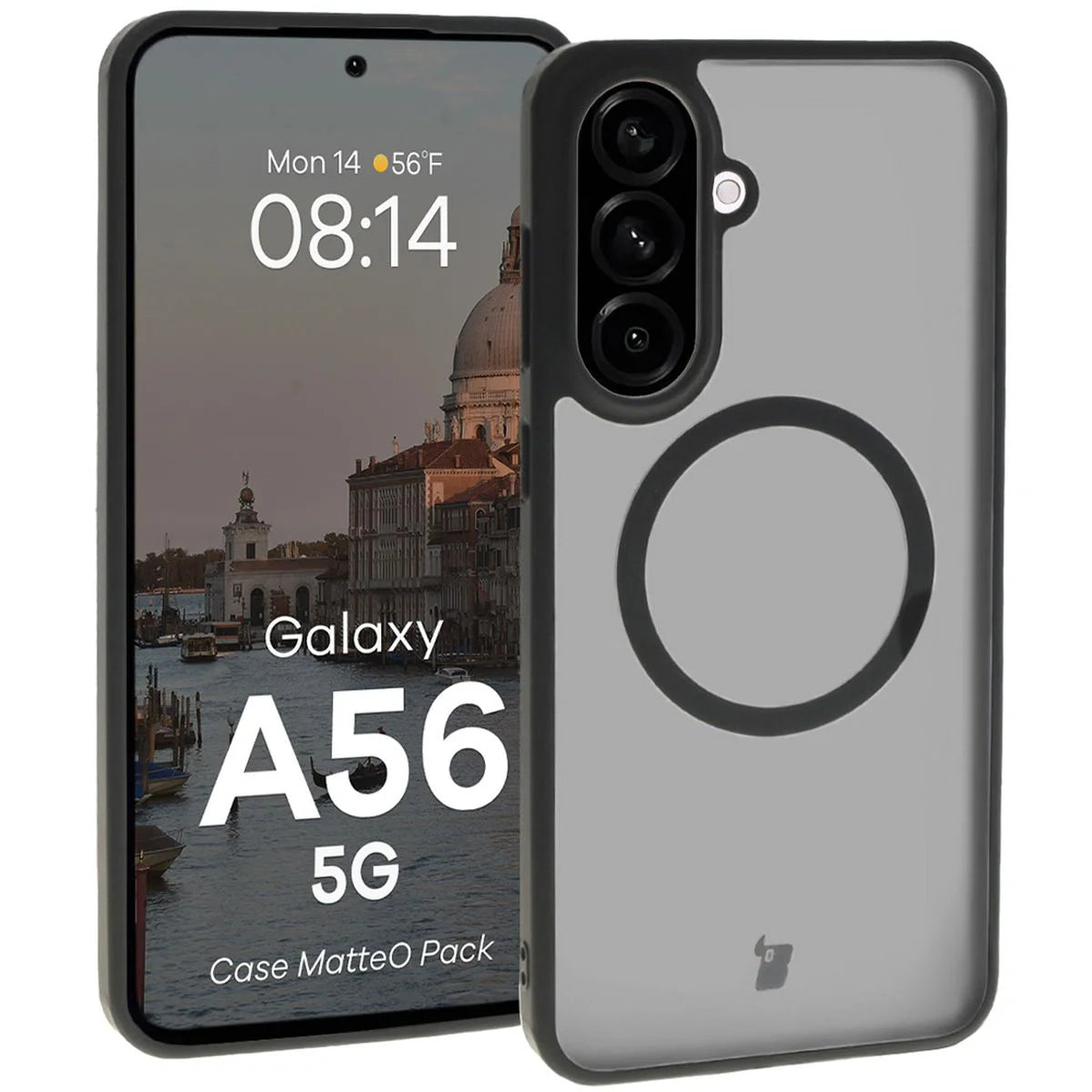 Schutzhülle mit Magnetring + gehärtetem Glas Bizon MatteO Pack für Galaxy A56 5G, Getönt-Schwarz