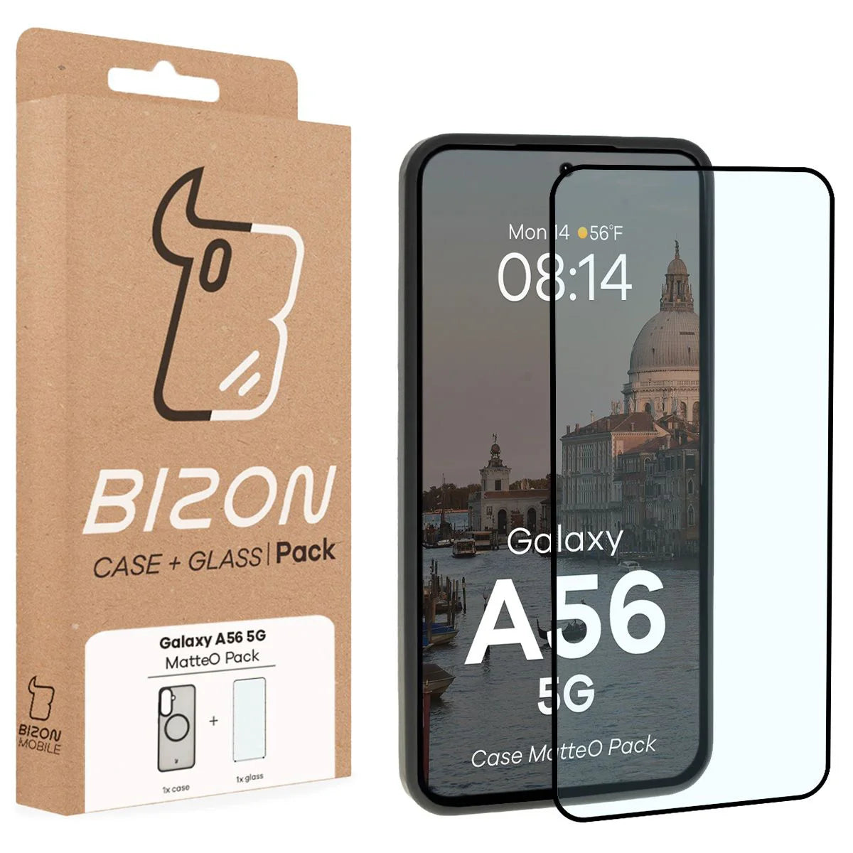 Schutzhülle mit Magnetring + gehärtetem Glas Bizon MatteO Pack für Galaxy A56 5G, Getönt-Schwarz