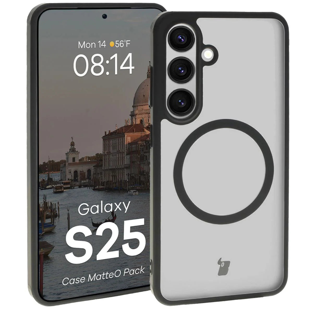 Schutzhülle mit Magnetring + gehärtetem Glas für Galaxy S25, Bizon MatteO Pack, Getönt-Schwarz