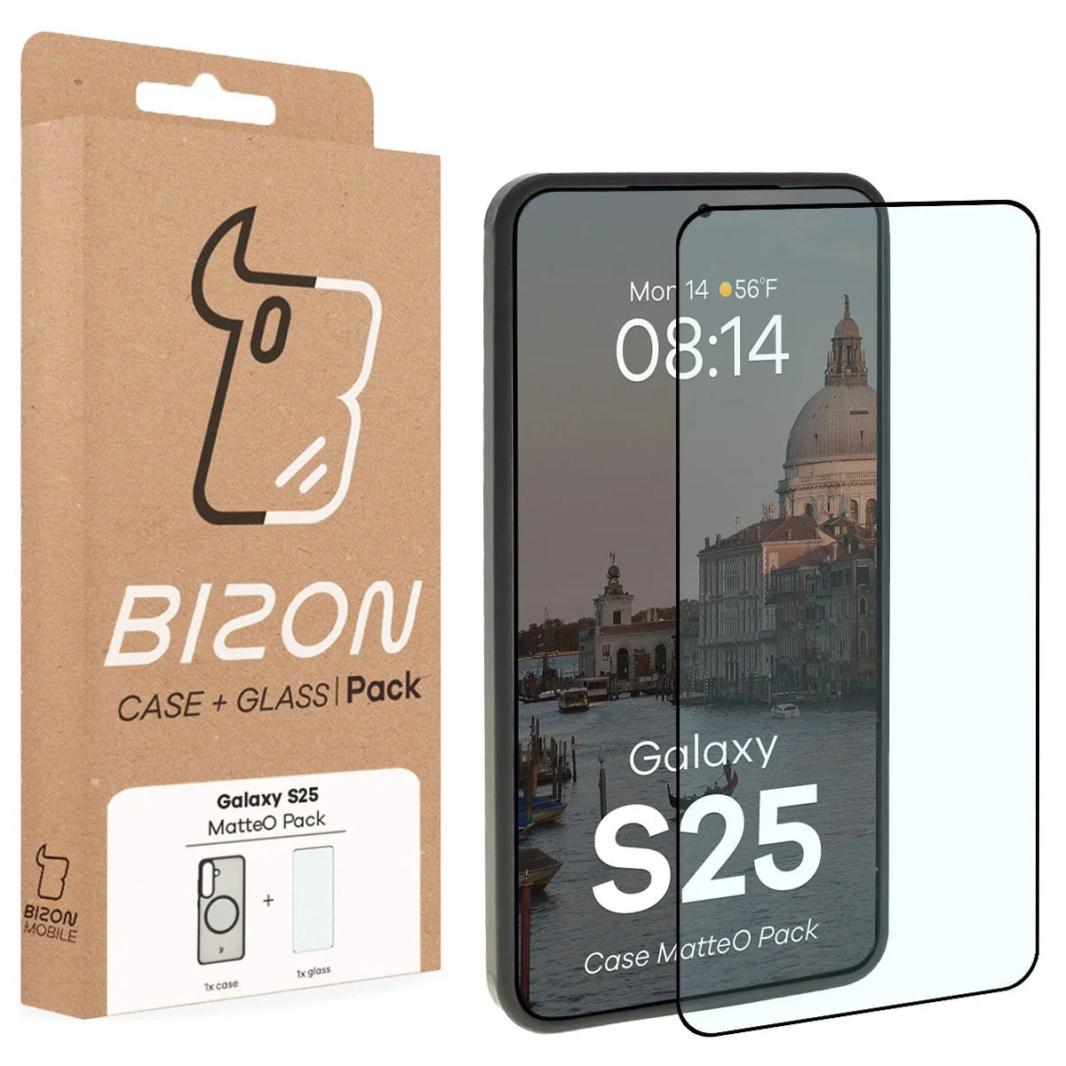 Schutzhülle mit Magnetring + gehärtetem Glas für Galaxy S25, Bizon MatteO Pack, Getönt-Schwarz