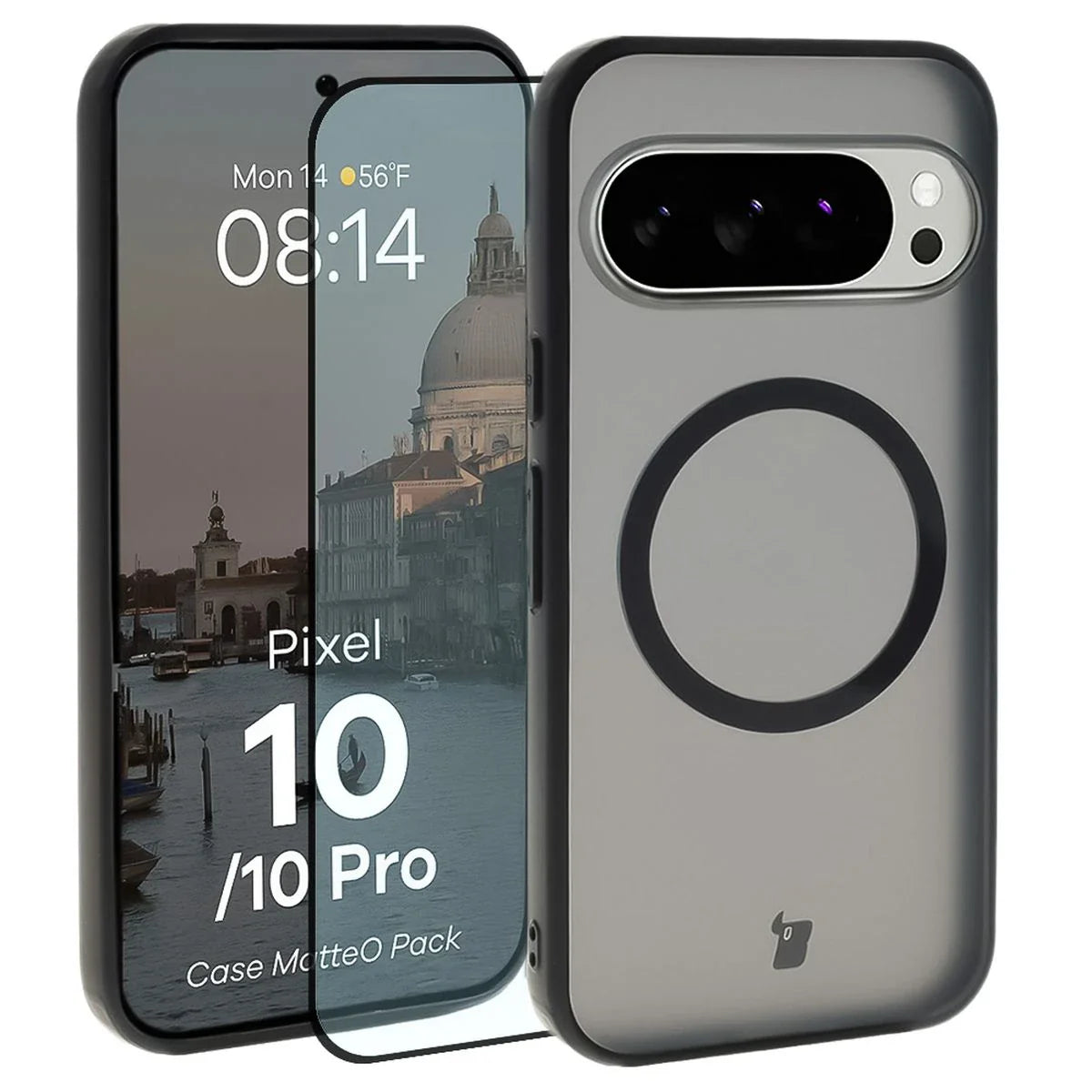 Schutzhülle mit Magnetring + gehärtetem Glas für Google Pixel 10 / 10 Pro, Bizon MatteO Pack, Getönt-Schwarz
