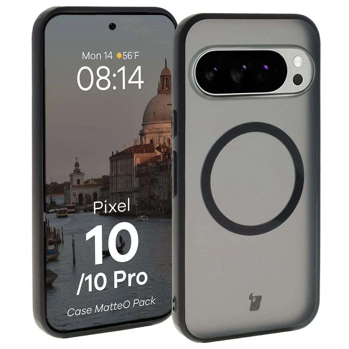 Schutzhülle mit Magnetring + gehärtetem Glas für Google Pixel 10 / 10 Pro, Bizon MatteO Pack, Getönt-Schwarz