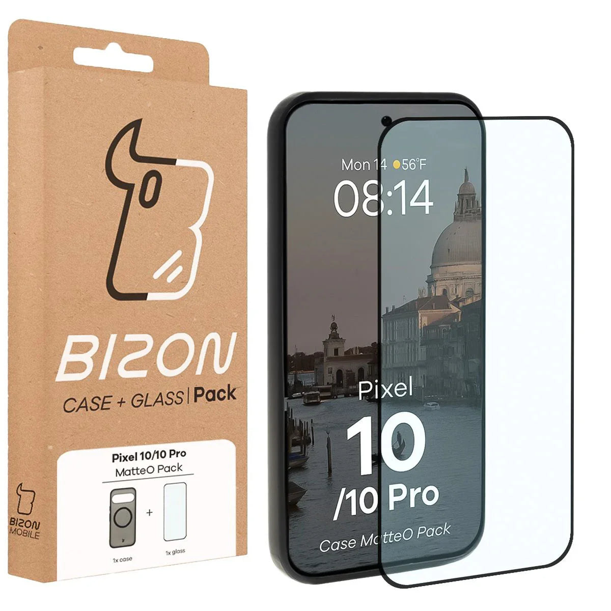 Schutzhülle mit Magnetring + gehärtetem Glas für Google Pixel 10 / 10 Pro, Bizon MatteO Pack, Getönt-Schwarz