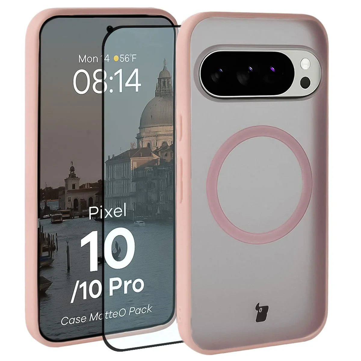 Schutzhülle mit Magnetring + gehärtetem Glas für Google Pixel 10 / 10 Pro, Bizon MatteO Pack, Getönt-Hellrosa