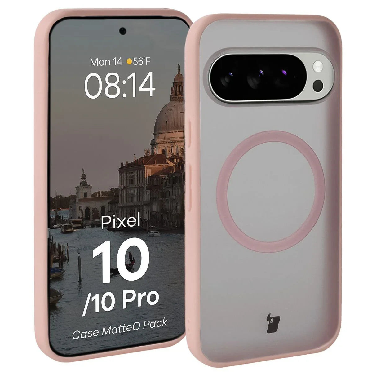 Schutzhülle mit Magnetring + gehärtetem Glas für Google Pixel 10 / 10 Pro, Bizon MatteO Pack, Getönt-Hellrosa